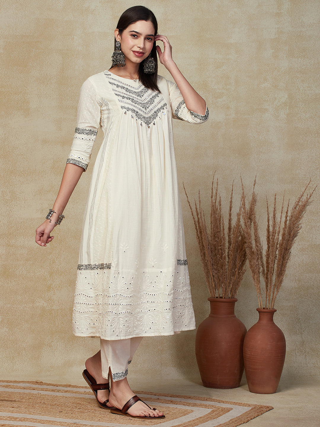 Ethnic Floral Embroidered A-Line Pleated Kurta with Pant & Dupatta - Cream