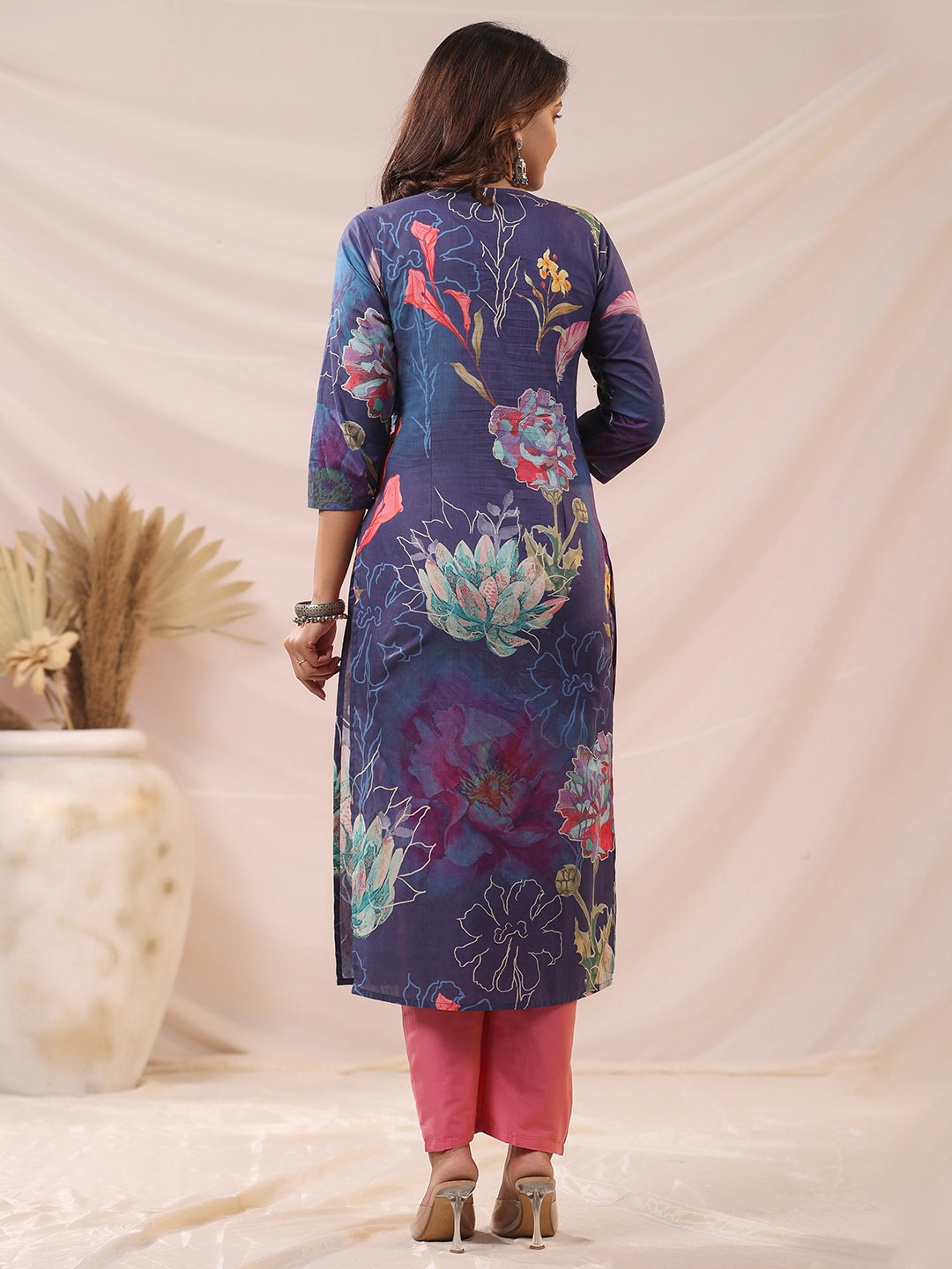 Abstract Floral Printed & Beads Embroidered Straight Kurta - Blue
