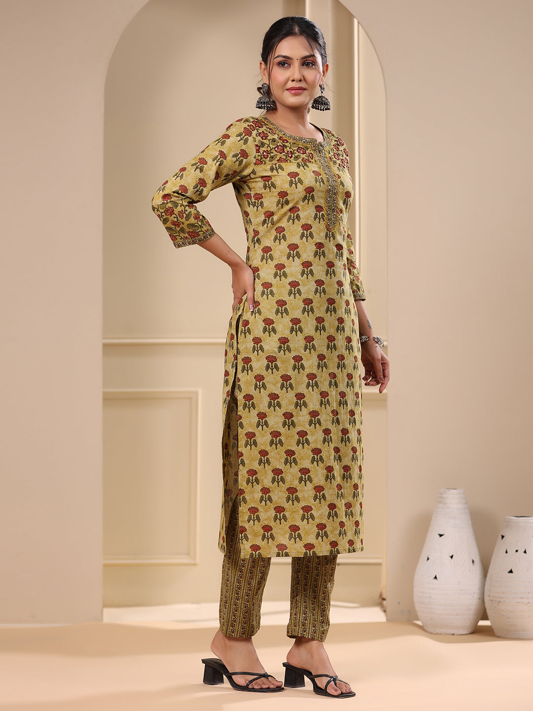 Floral Ethnic Printed & Sequin Embroidered Straight Kurta with Pant - Green