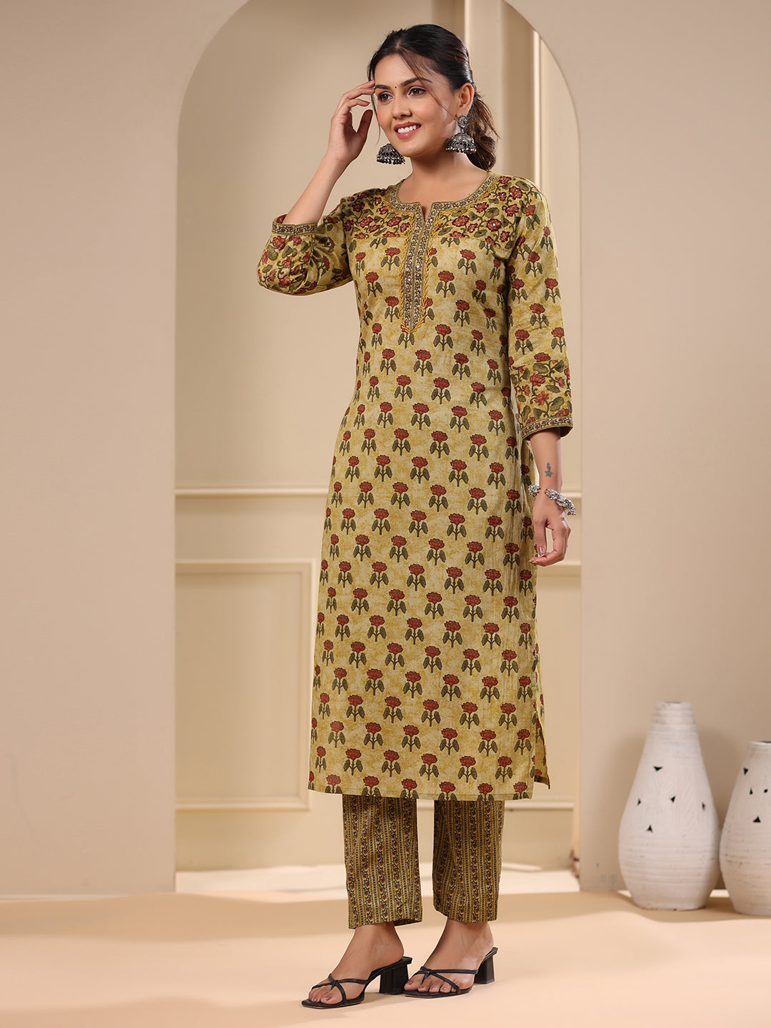 Floral Ethnic Printed & Sequin Embroidered Straight Kurta with Pant - Green