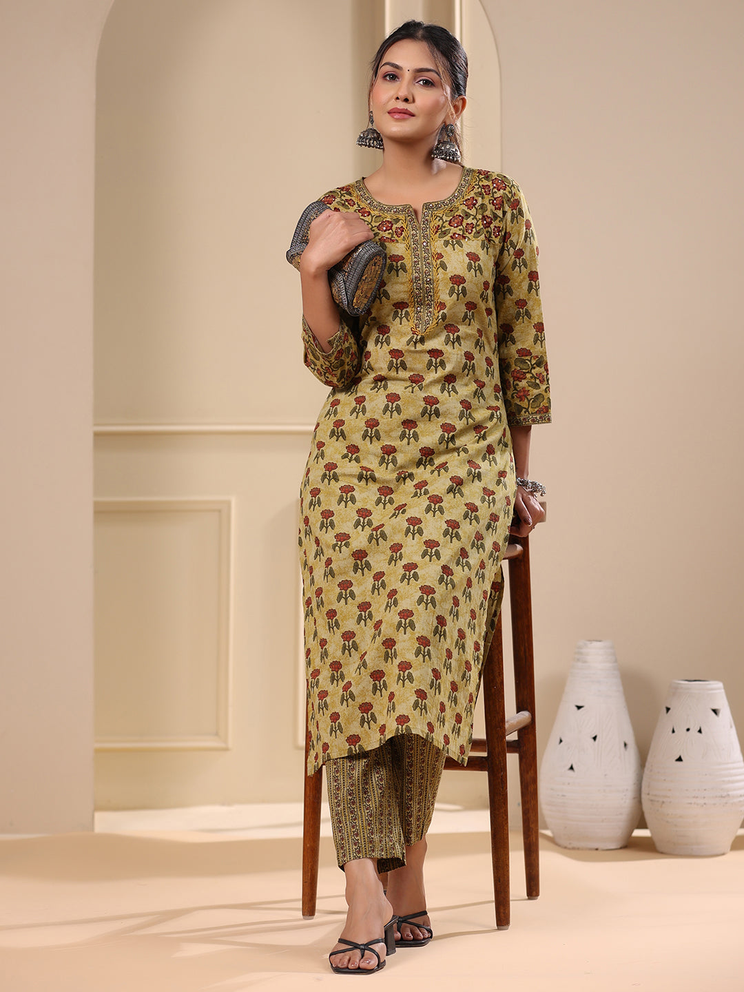 Floral Ethnic Printed & Sequin Embroidered Straight Kurta with Pant - Green