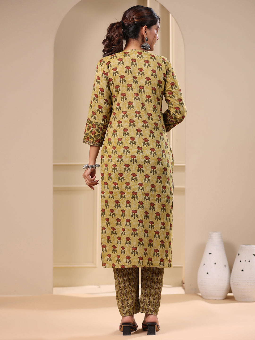 Floral Ethnic Printed & Sequin Embroidered Straight Kurta with Pant - Green