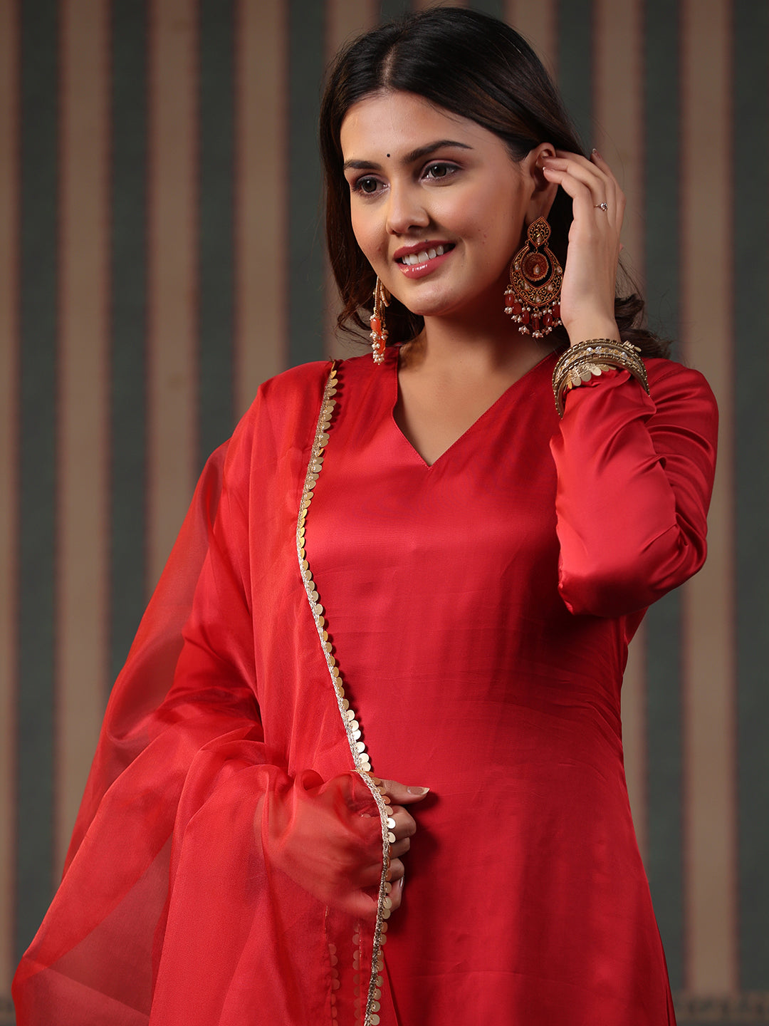 Solid Sequin Embroidered A-Line High-Low Kurta with Palazzo & Dupatta - Maroon