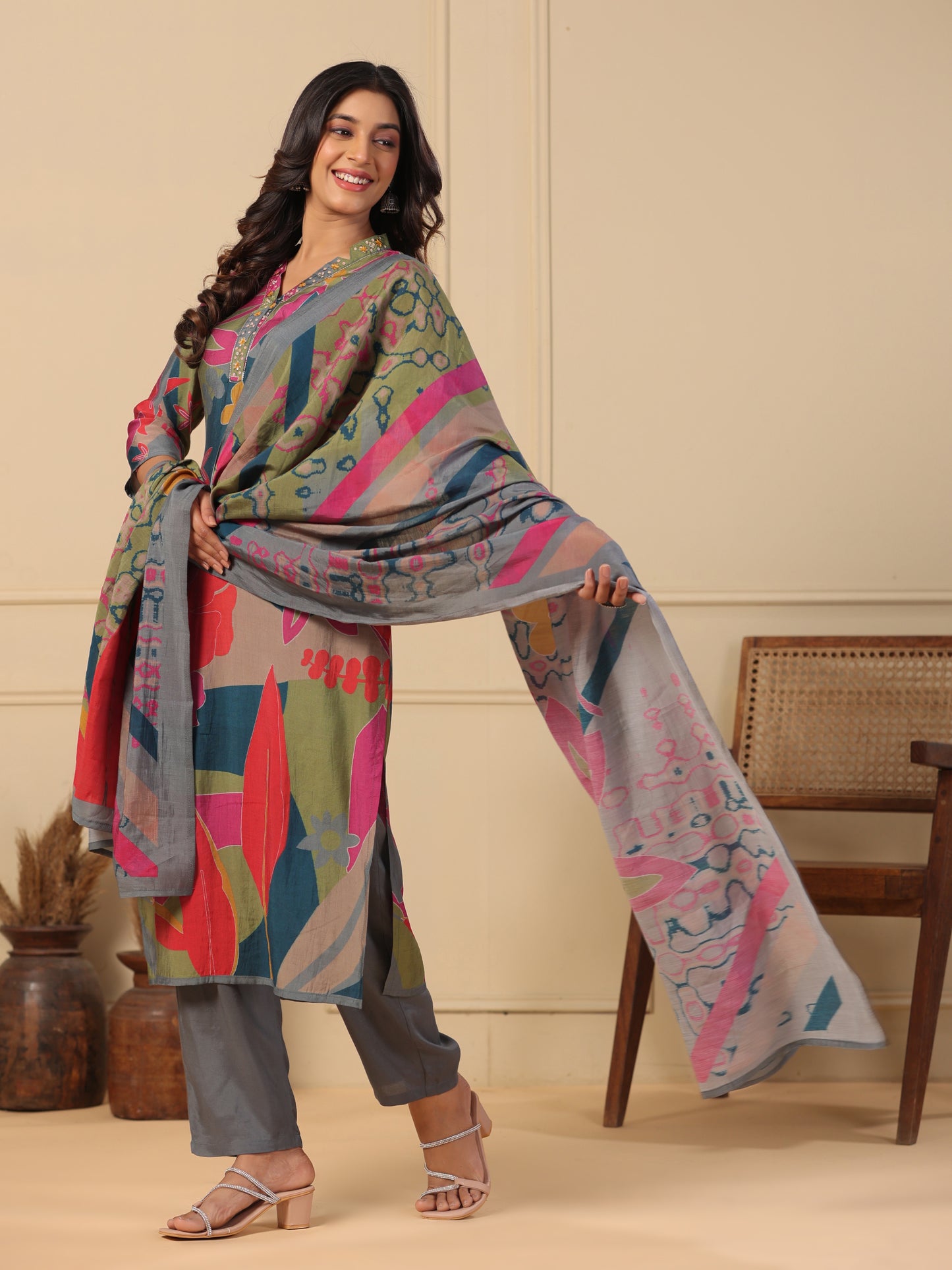Floral & Abstract Printed Sequins & Resham Embroidered Kurta with Pants & Dupatta - Multi