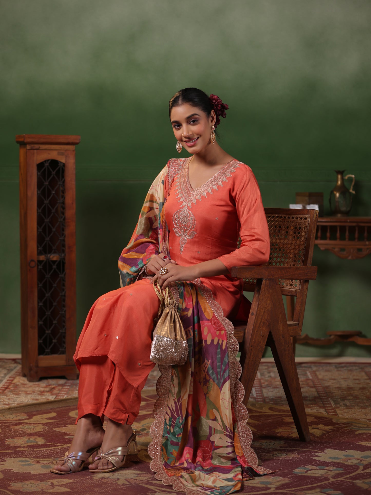 Solid Zari & sequins Embroidered Kurta with Pants & Printed Dupatta - Peach-Orange