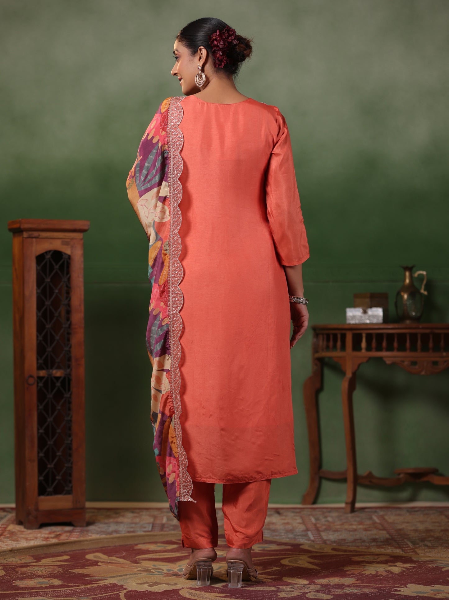Solid Zari & sequins Embroidered Kurta with Pants & Printed Dupatta - Peach-Orange