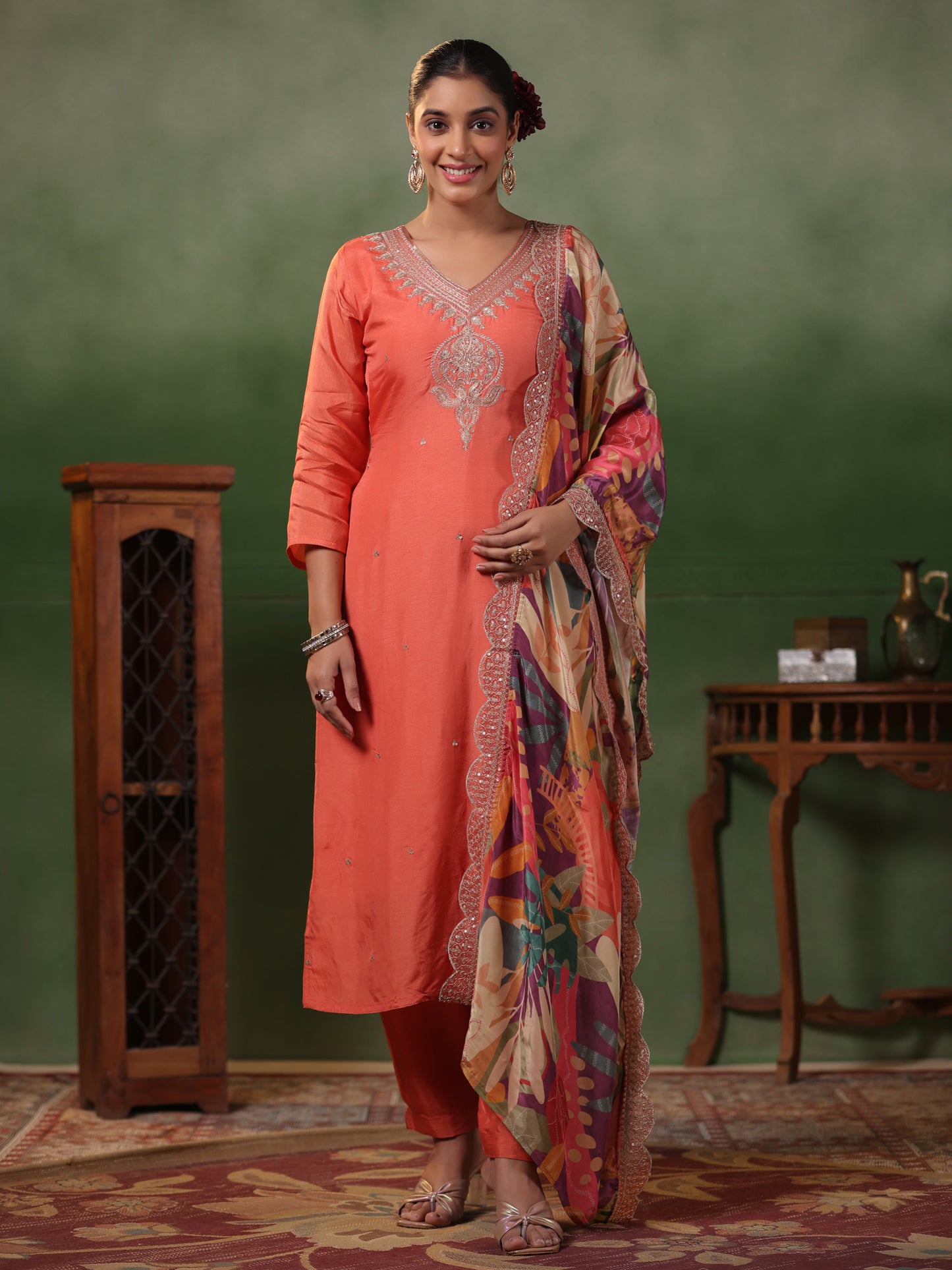 Solid Zari & sequins Embroidered Kurta with Pants & Printed Dupatta - Peach-Orange