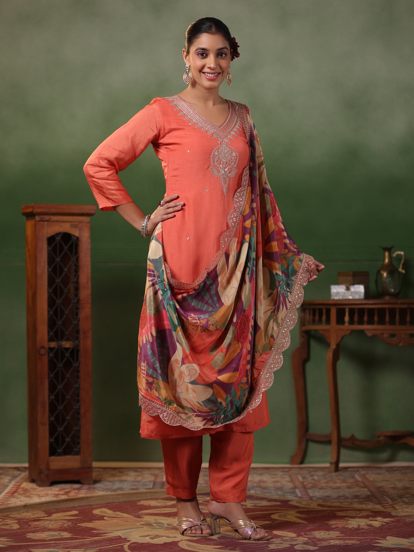 Solid Zari & sequins Embroidered Kurta with Pants & Printed Dupatta - Peach-Orange