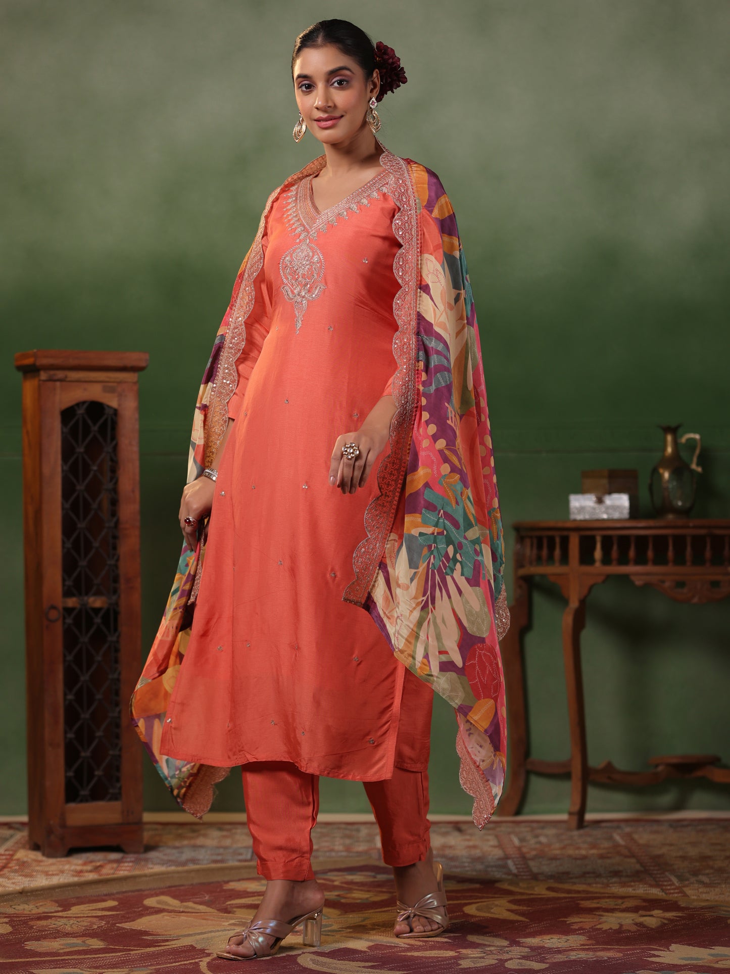 Solid Zari & sequins Embroidered Kurta with Pants & Printed Dupatta - Peach-Orange