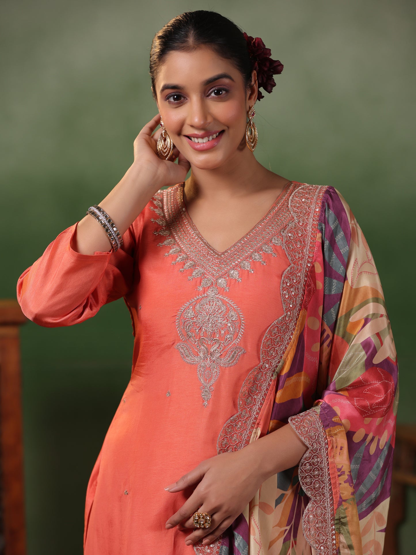 Solid Zari & sequins Embroidered Kurta with Pants & Printed Dupatta - Peach-Orange