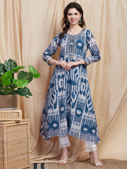 Ethnic Printed & Floral Hand Embroidered A-Line High - Low Kurta - Blue