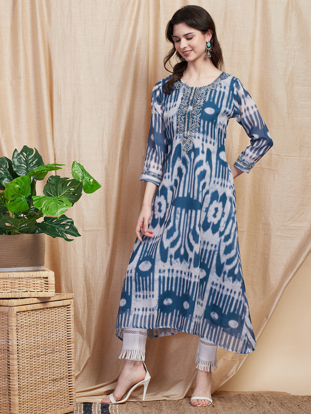 Ethnic Printed & Floral Hand Embroidered A-Line High - Low Kurta - Blue
