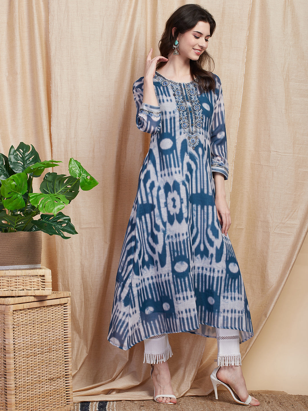 Ethnic Printed & Floral Hand Embroidered A-Line High - Low Kurta - Blue