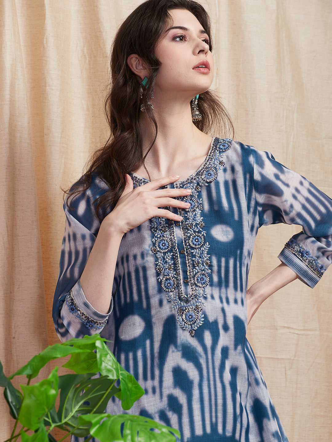 Ethnic Printed & Floral Hand Embroidered A-Line High - Low Kurta - Blue
