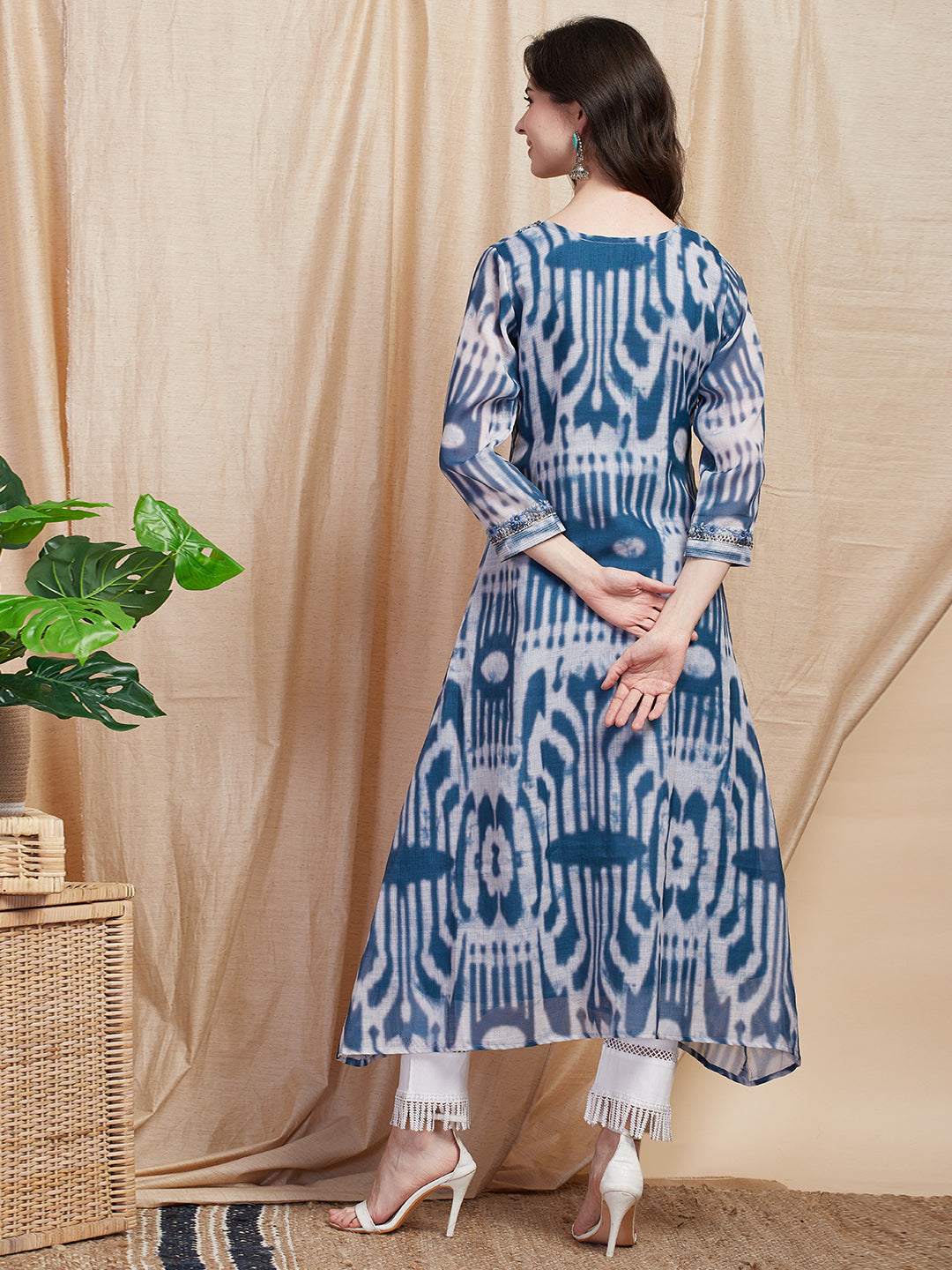 Ethnic Printed & Floral Hand Embroidered A-Line High - Low Kurta - Blue