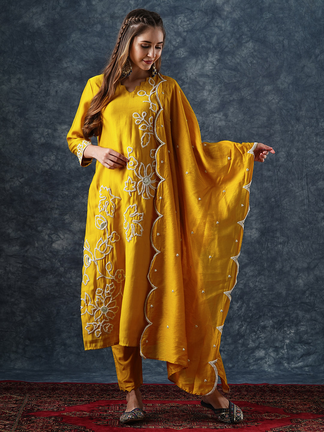 Solid Floral Dori Embroidered Straight Kurta with Pant & Dupatta - Yellow