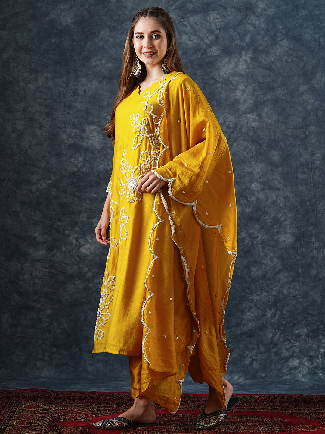 Solid Floral Dori Embroidered Straight Kurta with Pant & Dupatta - Yellow