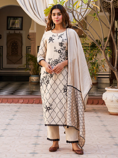 Solid Floral Resham Embroidered Straight Kurta with Pant & Dupatta - Beige