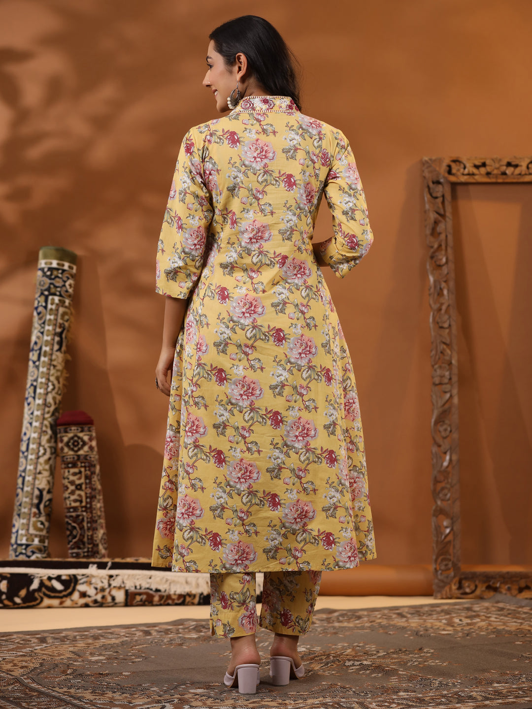 Floral Printed Mirror & Resham Embroidered Paneled Kurta with Pants - Yellow