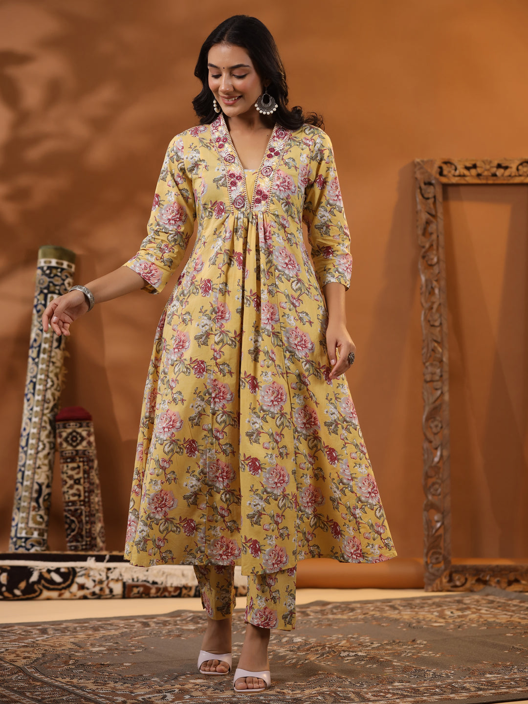 Floral Printed Mirror & Resham Embroidered Paneled Kurta with Pants - Yellow