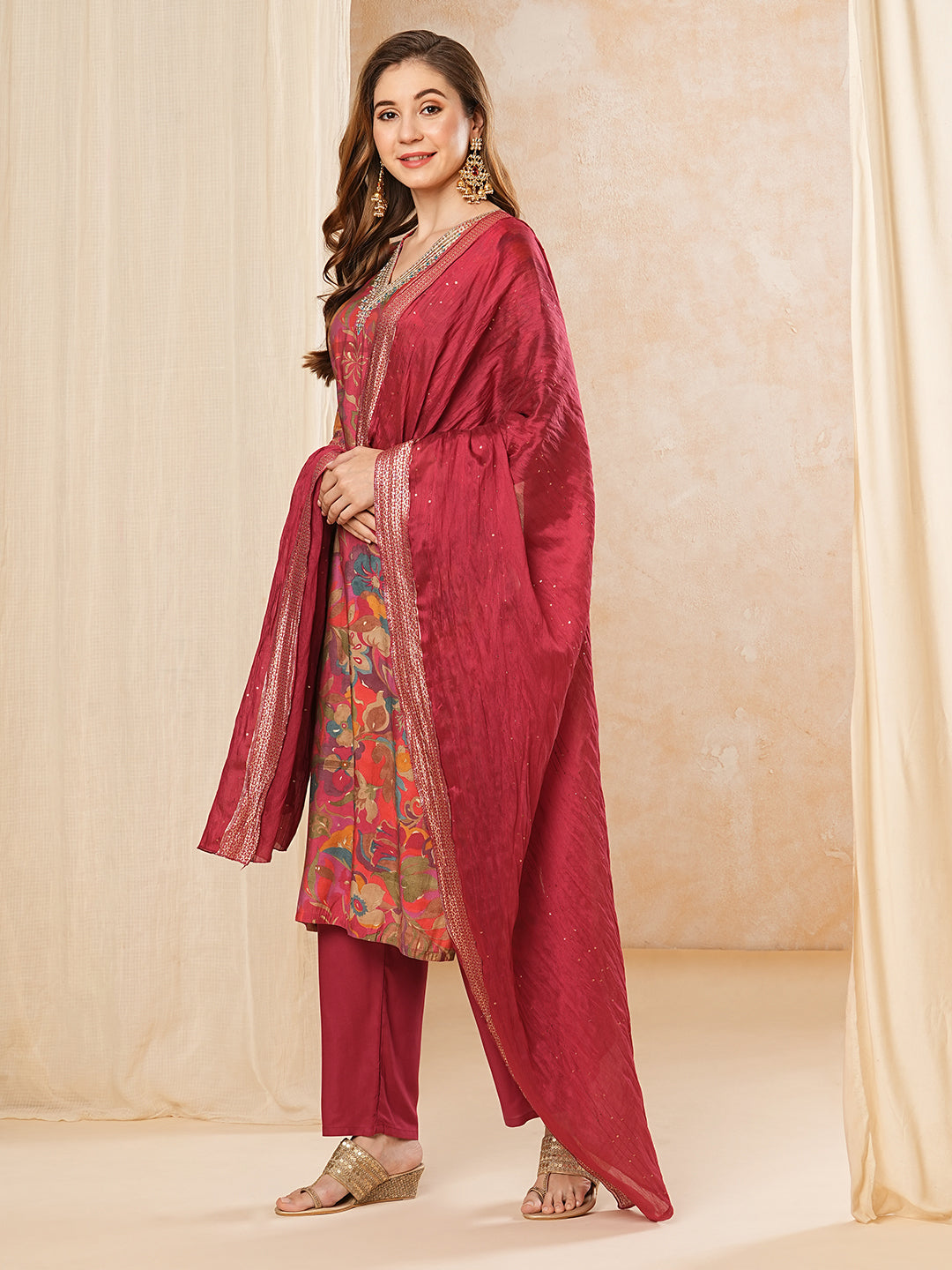 Floral Printed Zari & Sequins Embroidered Kurta with Pants & Dupatta - Multi & Magenta