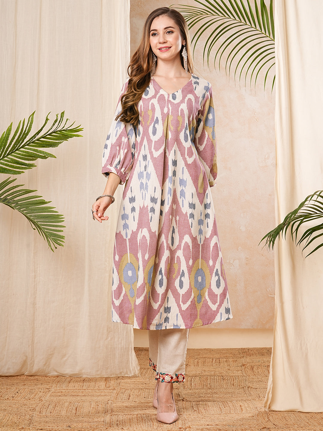 Ethnic Ikat Printed A-Line Pleated Flared Kurta - Mauve