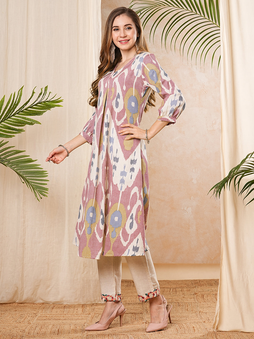 Ethnic Ikat Printed A-Line Pleated Flared Kurta - Mauve
