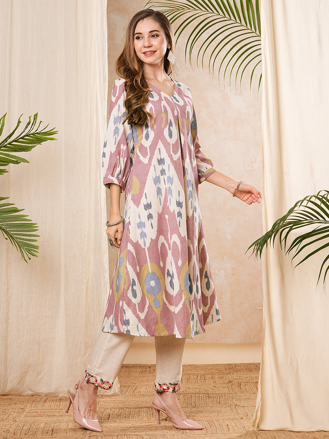 Ethnic Ikat Printed A-Line Pleated Flared Kurta - Mauve