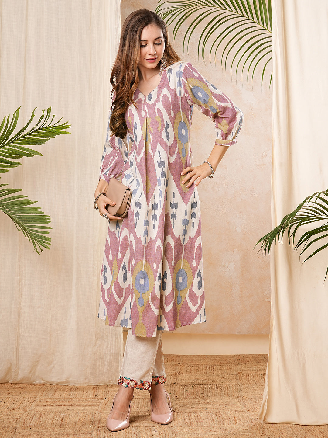 Ethnic Ikat Printed A-Line Pleated Flared Kurta - Mauve