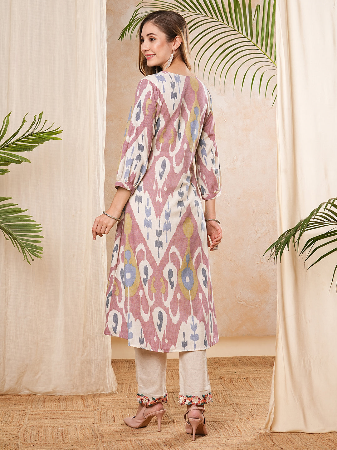 Ethnic Ikat Printed A-Line Pleated Flared Kurta - Mauve