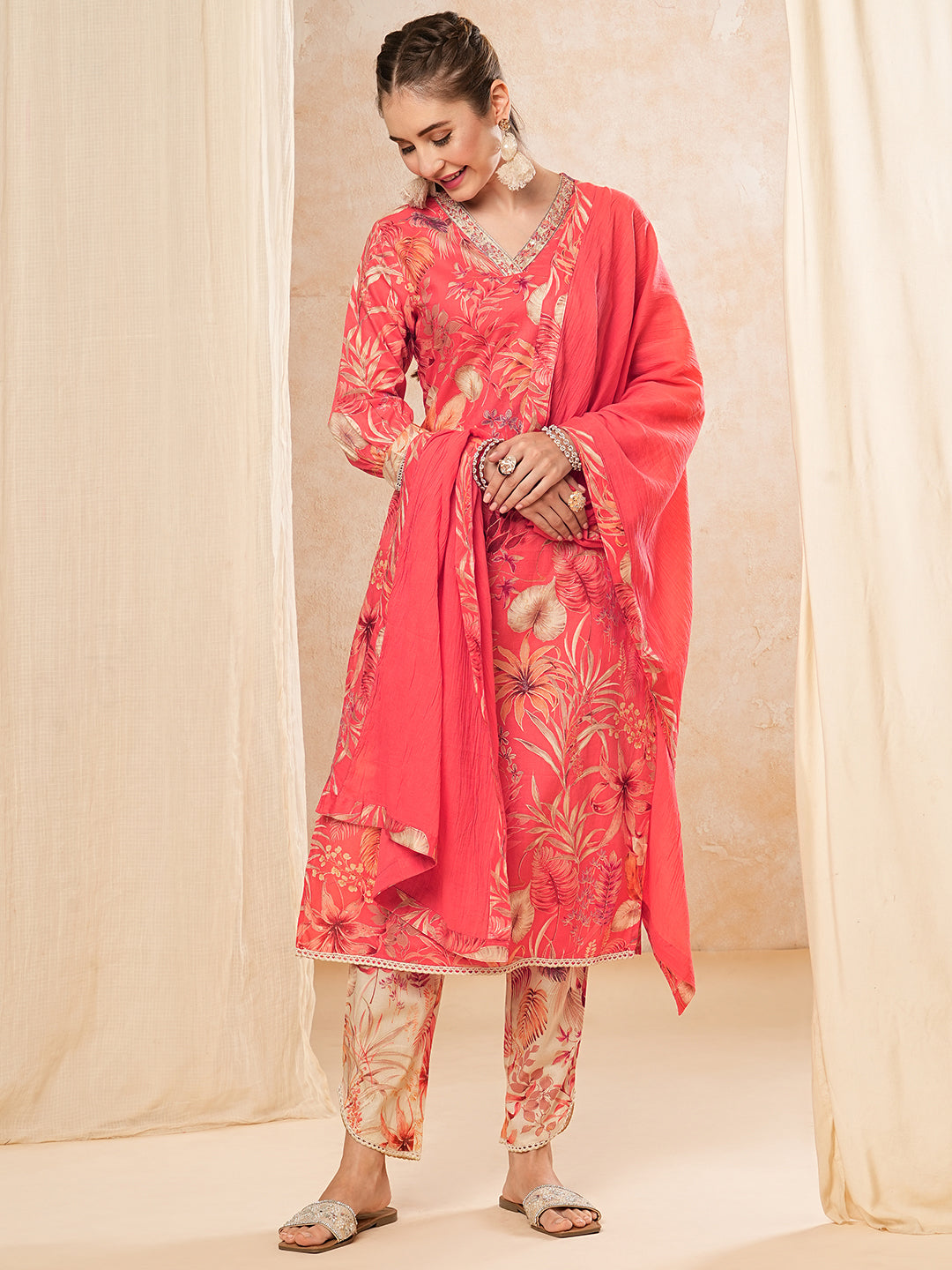 Floral Printed Zari & Resham Embroidered Kurta with Pants & Dupatta - Orange