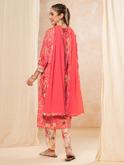 Floral Printed Zari & Resham Embroidered Kurta with Pants & Dupatta - Orange