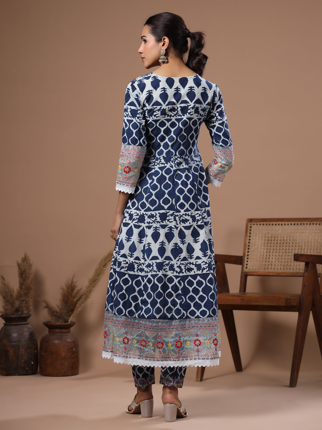 Ethnic Printed & Embroidered Anarkali Kurta with Pant - Blue