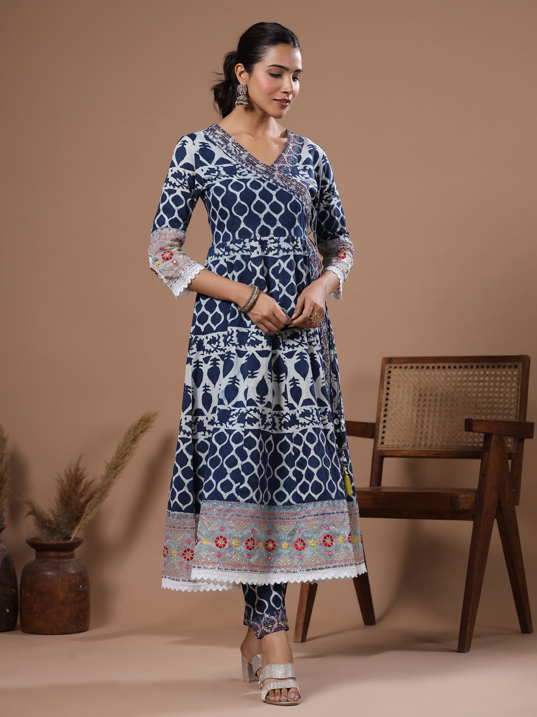 Ethnic Printed & Embroidered Anarkali Kurta with Pant - Blue