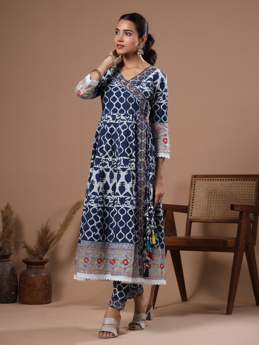 Ethnic Printed & Embroidered Anarkali Kurta with Pant - Blue