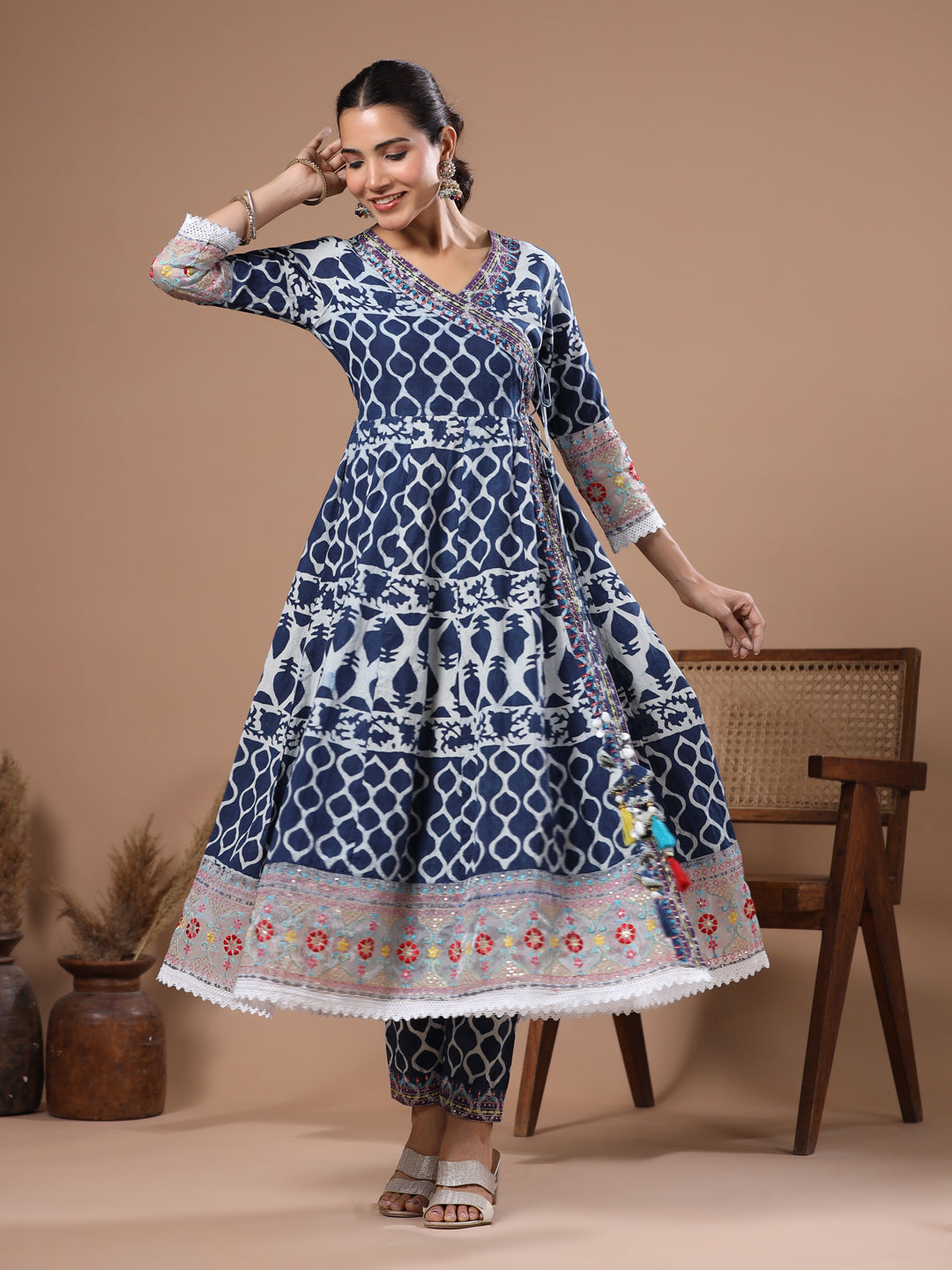 Ethnic Printed & Embroidered Anarkali Kurta with Pant - Blue