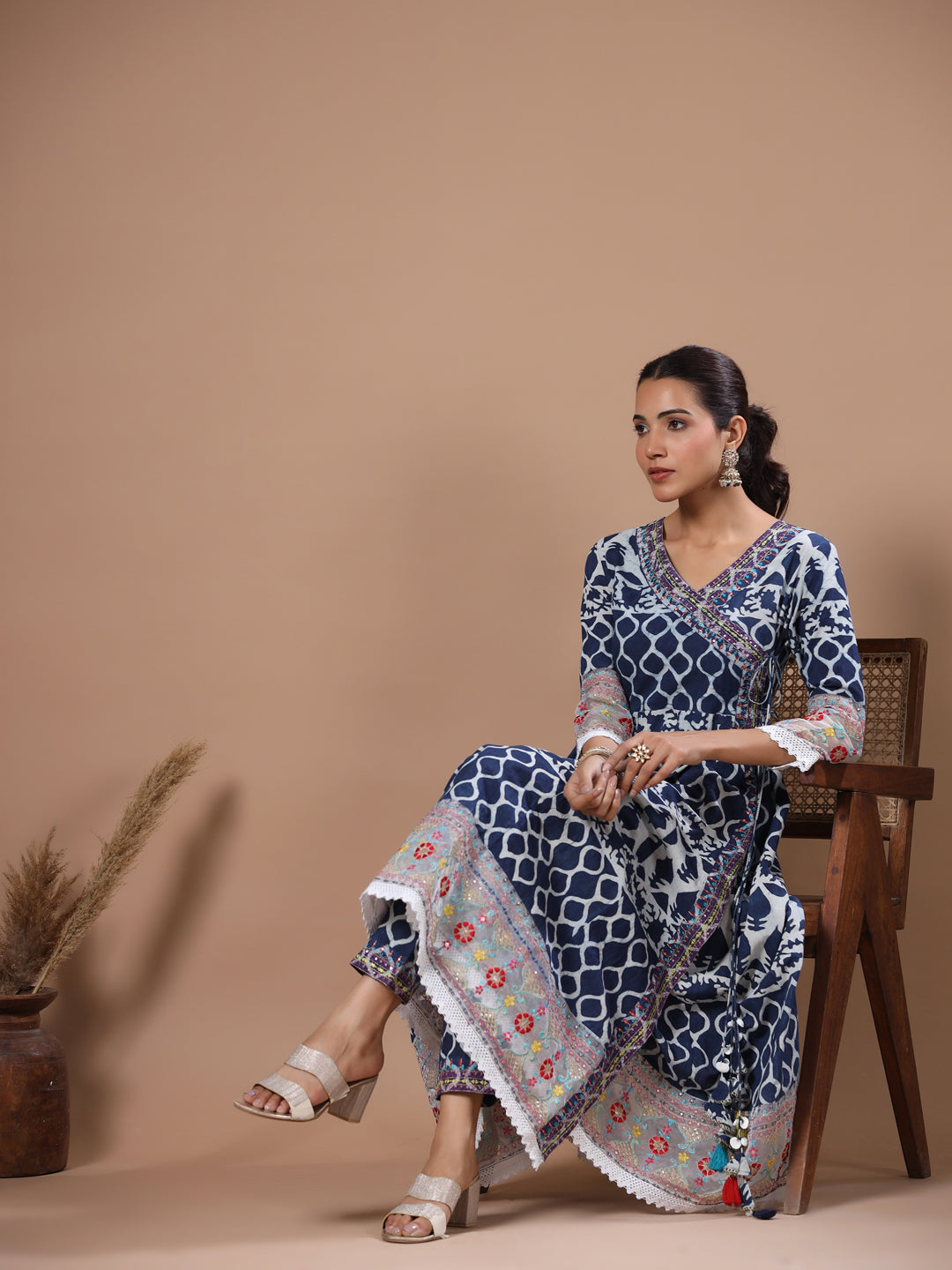 Ethnic Printed & Embroidered Anarkali Kurta with Pant - Blue