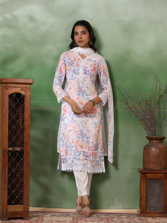 Floral Printed Crochet Scallop Lace Embellished Kurta with Pants & Dupatta - Multi