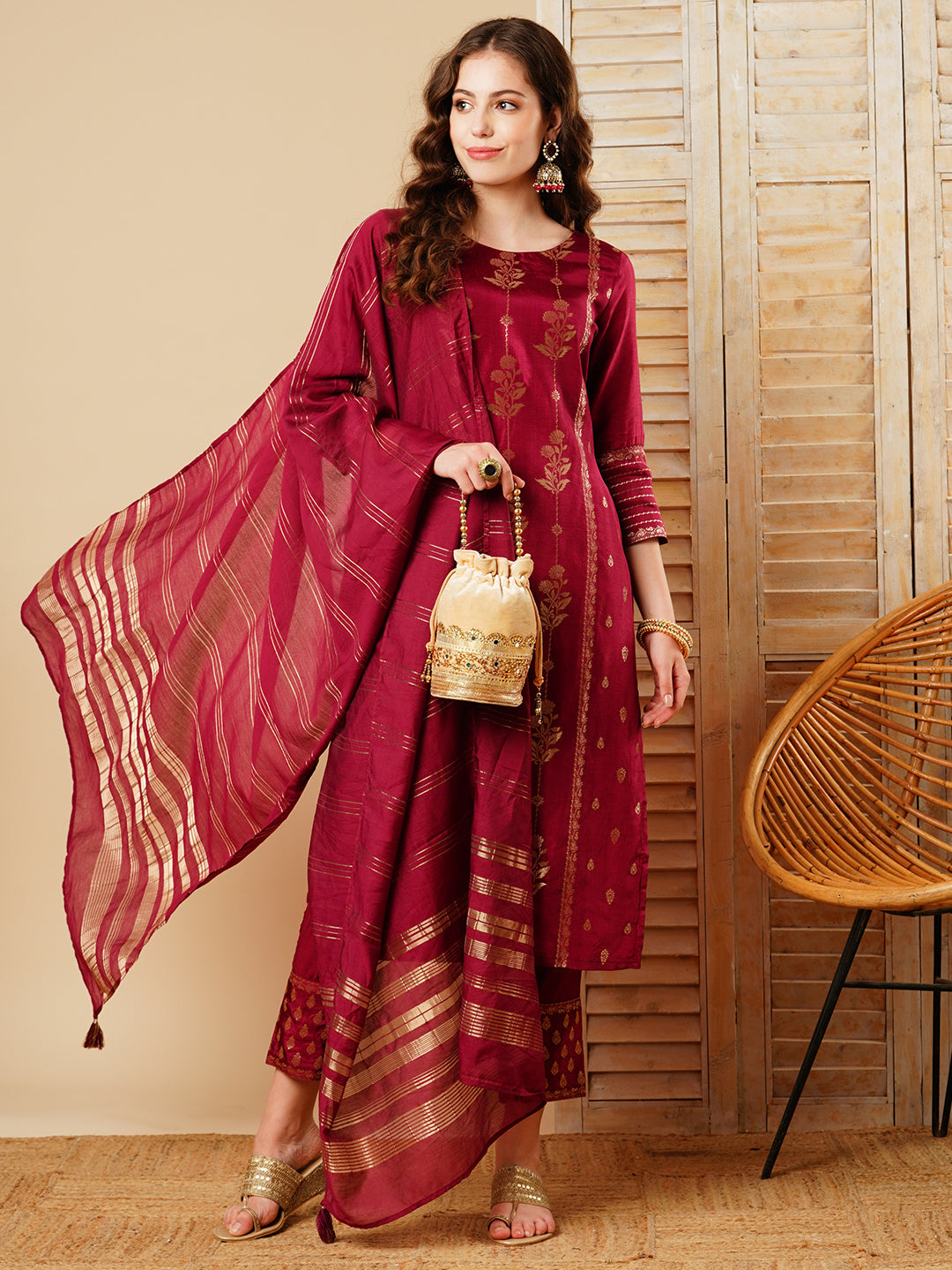 Floral Woven & Embroidered Straight Kurta with Pant & Dupatta - Maroon