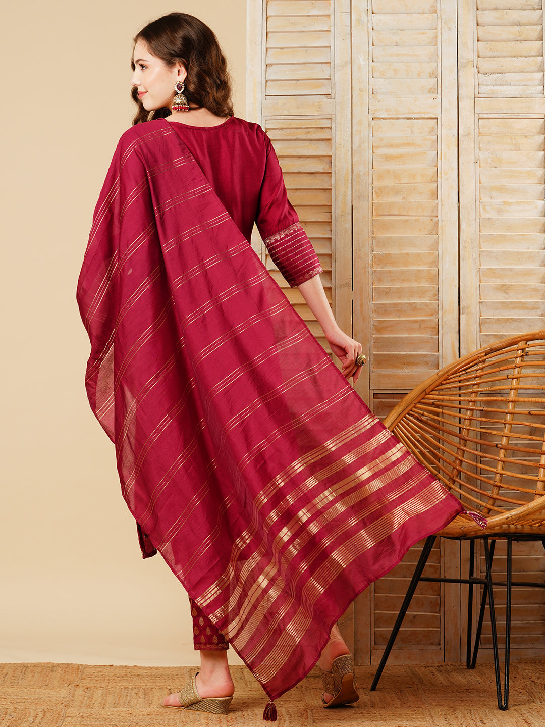 Floral Woven & Embroidered Straight Kurta with Pant & Dupatta - Maroon
