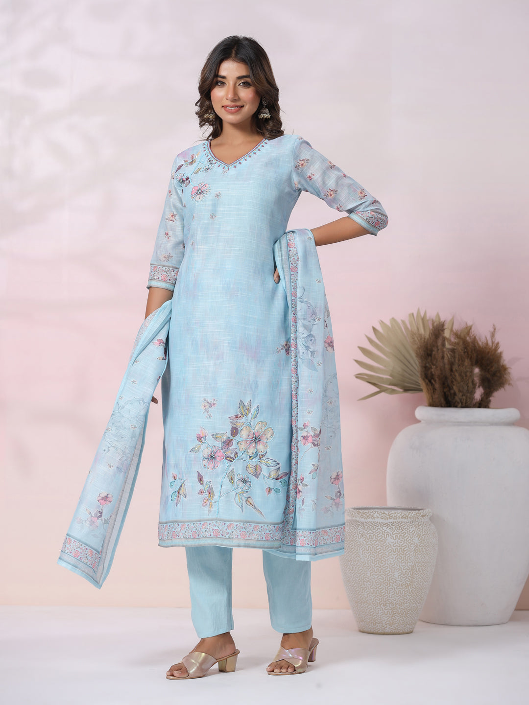 Floral Printed & Embroidered Kurta with Pants & Printed Dupatta - Blue