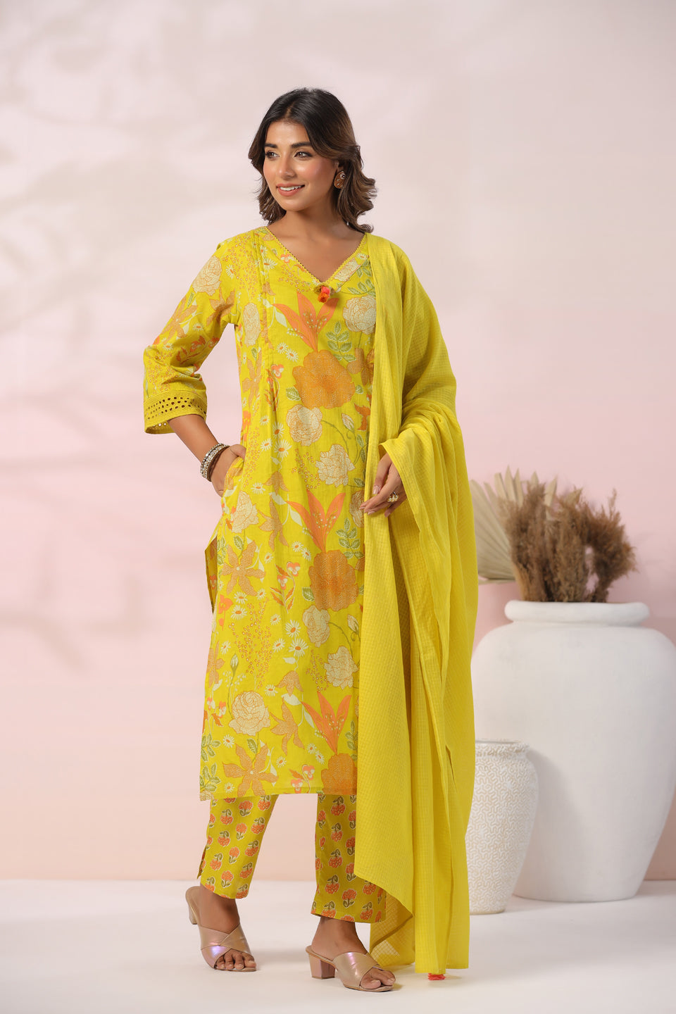 Floral Printed Schiffili Lace Embellished Tasseled Kurta with Pants & Dupatta - Yellow