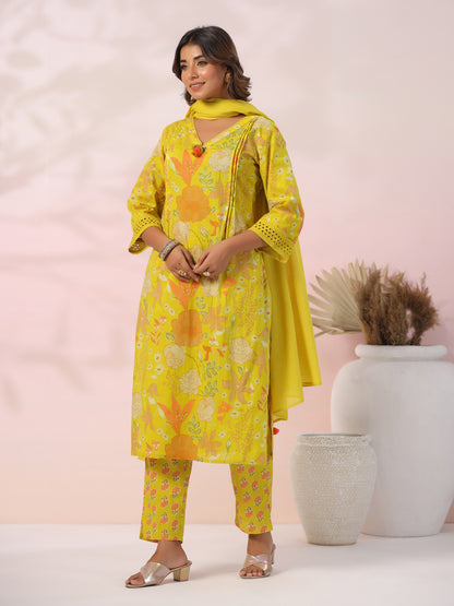 Floral Printed Schiffili Lace Embellished Tasseled Kurta with Pants & Dupatta - Yellow