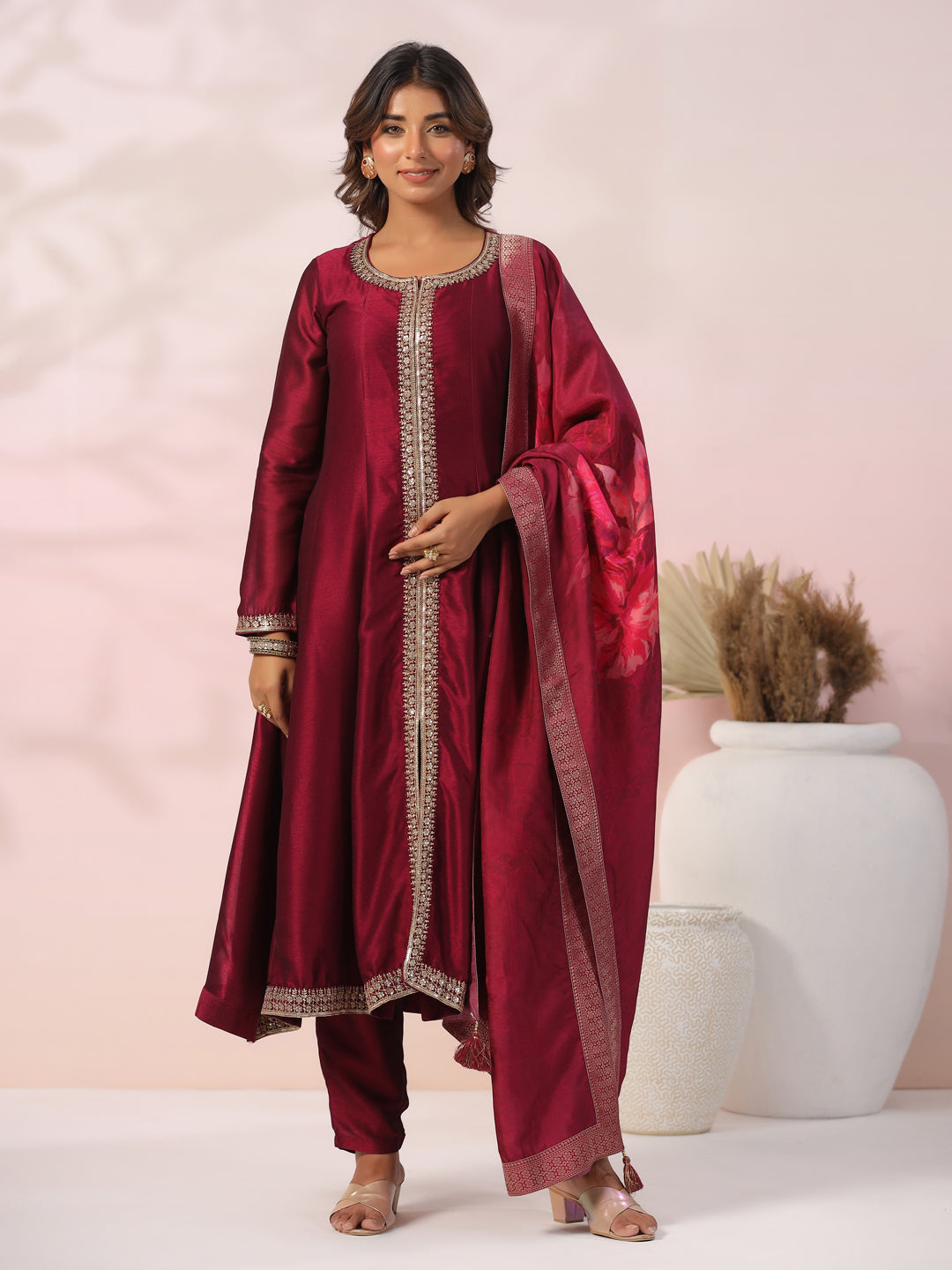 Solid Zari & Sequins Embroidered Anarkali Kurta with Pants & Floral Dupatta - Burgundy