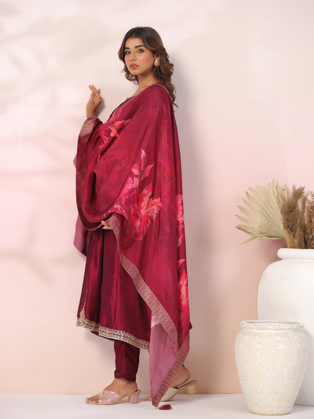 Solid Zari & Sequins Embroidered Anarkali Kurta with Pants & Floral Dupatta - Burgundy