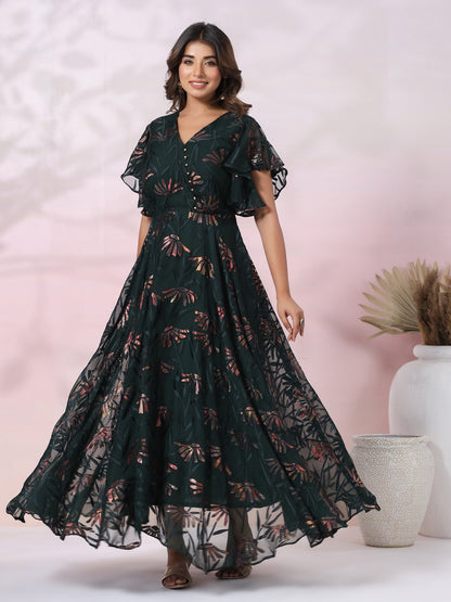 Floral Printed Flared A-line Maxi Dress - Green