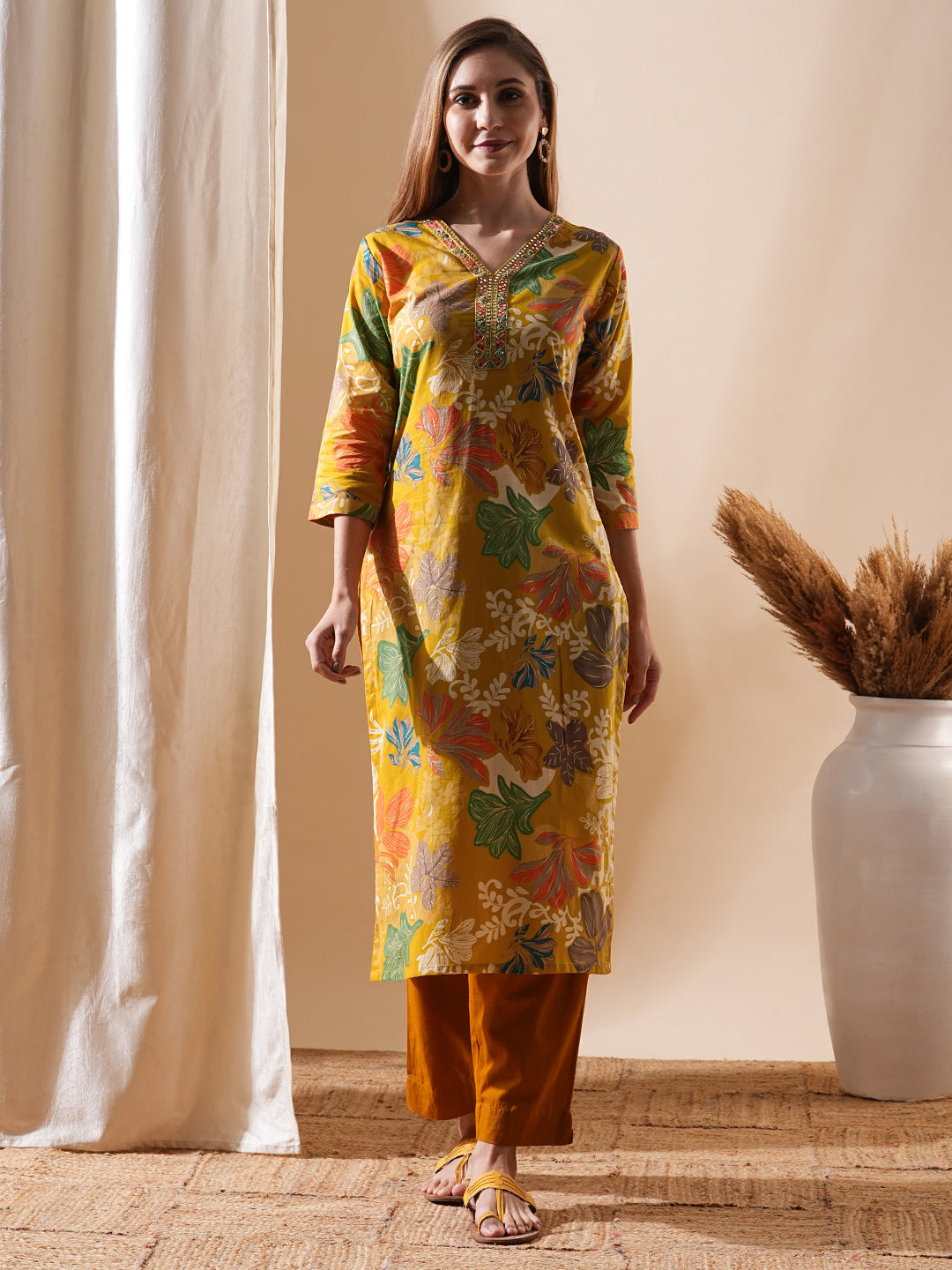 Floral Printed Mirror, Resham, Sequins & Zari Embroidered Kurta - Mustard & Multi