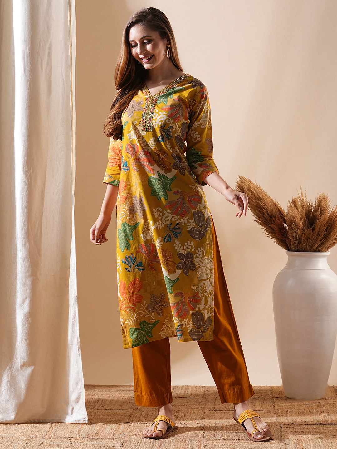 Floral Printed Mirror, Resham, Sequins & Zari Embroidered Kurta - Mustard & Multi