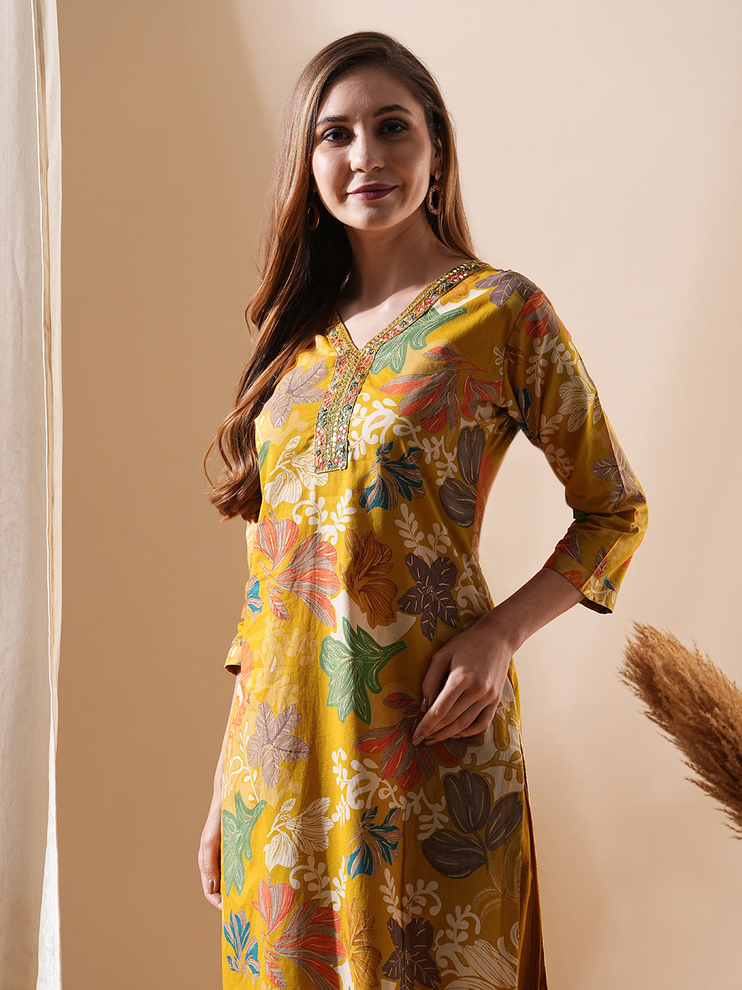 Floral Printed Mirror, Resham, Sequins & Zari Embroidered Kurta - Mustard & Multi