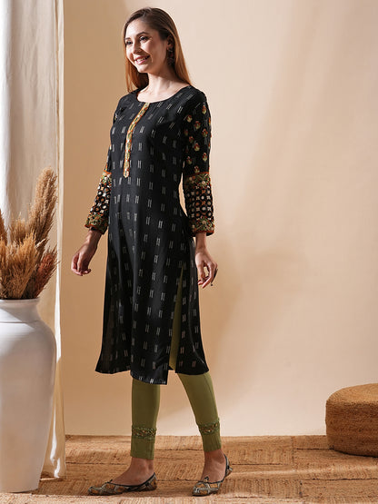 Woven Dobby Design Resham & Sequins Embroidered Kurta - Black